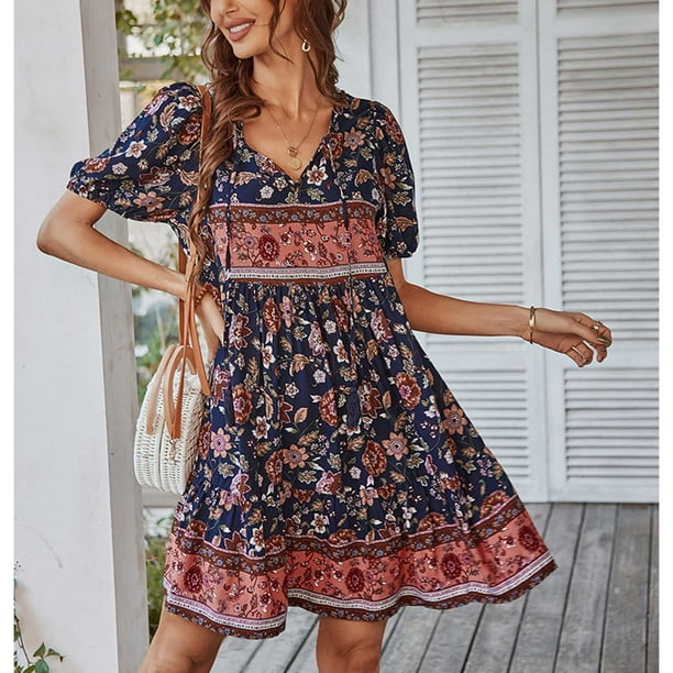 Vestido corto con dobladillo con volantes para mujer, vestido de manga corta para mujer, vestido corto con cuello en V para mujer, vestido con cuello en V y estampado floral, diseño de primera clase