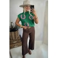 thumbnail image 2 of Women's Western Horseshoe Print Sweater – Bright Green Mock Neck Short Sleeve Summer Knit, XL, 2 of 5