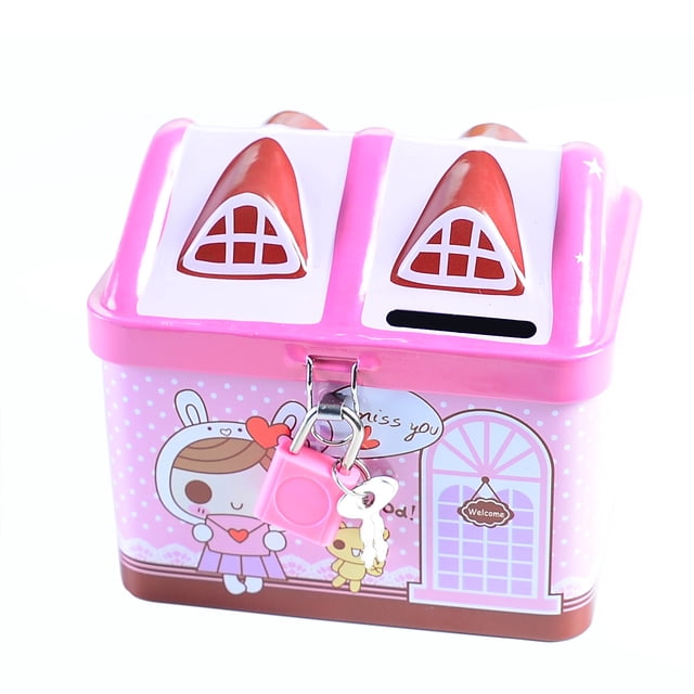 Monedero metálico con forma de caseta para niños con cerradura y llave de 12 cm