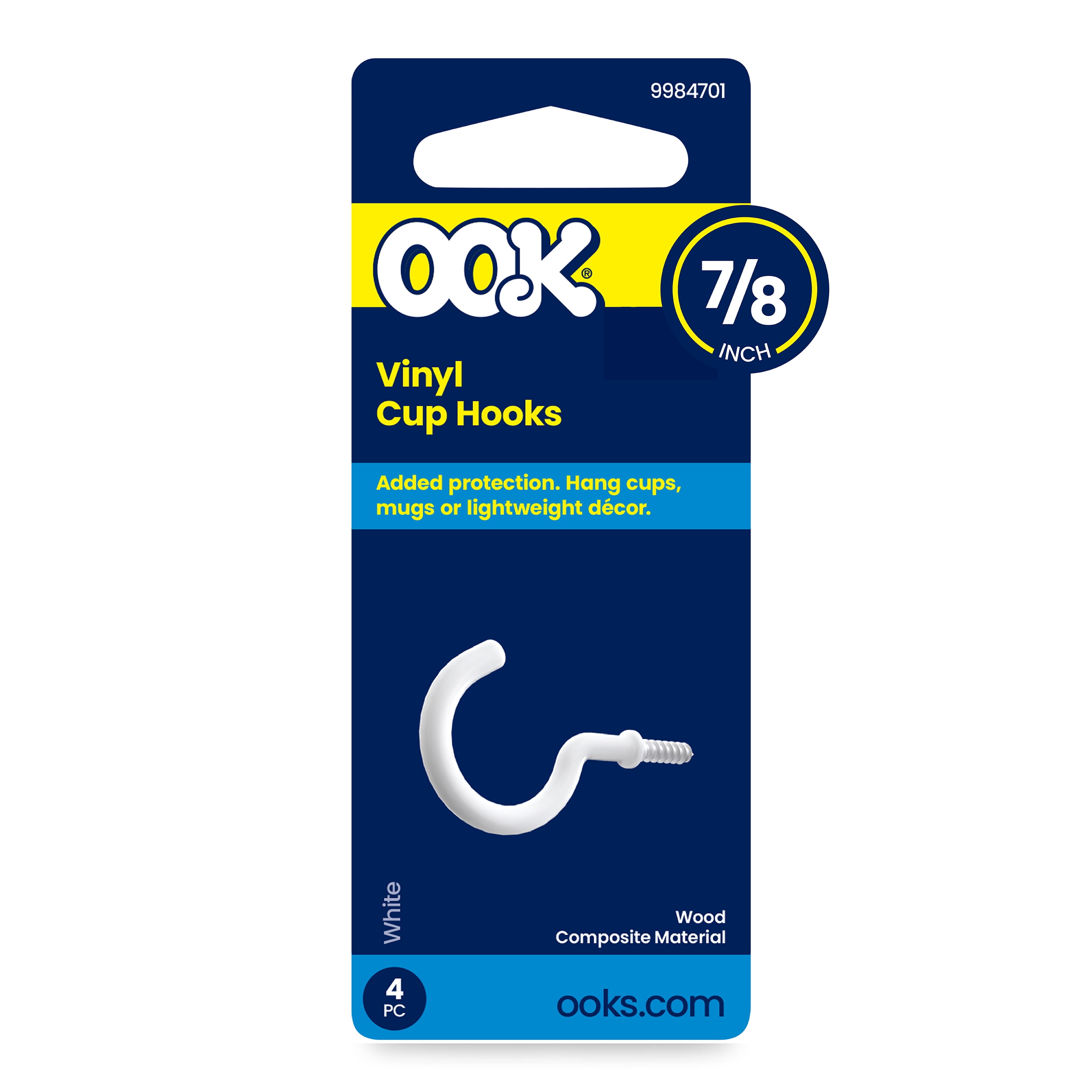 (4 pack) Ook Cup Hooks, 7/8", 0.5 lbs, Screw Hooks, Steel, White Vinyl, 4 pack