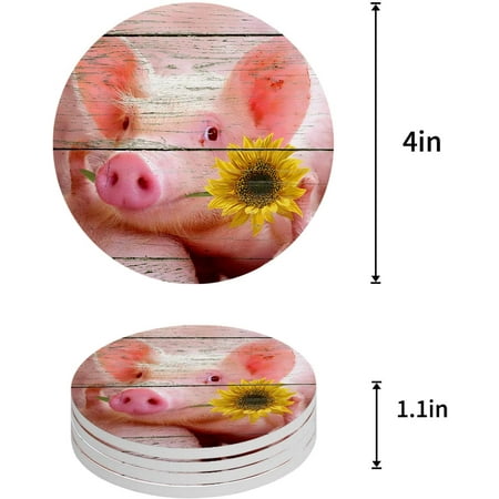 

KXMDXA Farm Pig and Sunflower Retro Wood Grain Set of 4 Round Coaster for Drinks Absorbent Ceramic Stone Coasters Cup Mat with Cork Base for Home Kitchen Room Coffee Table Bar Decor