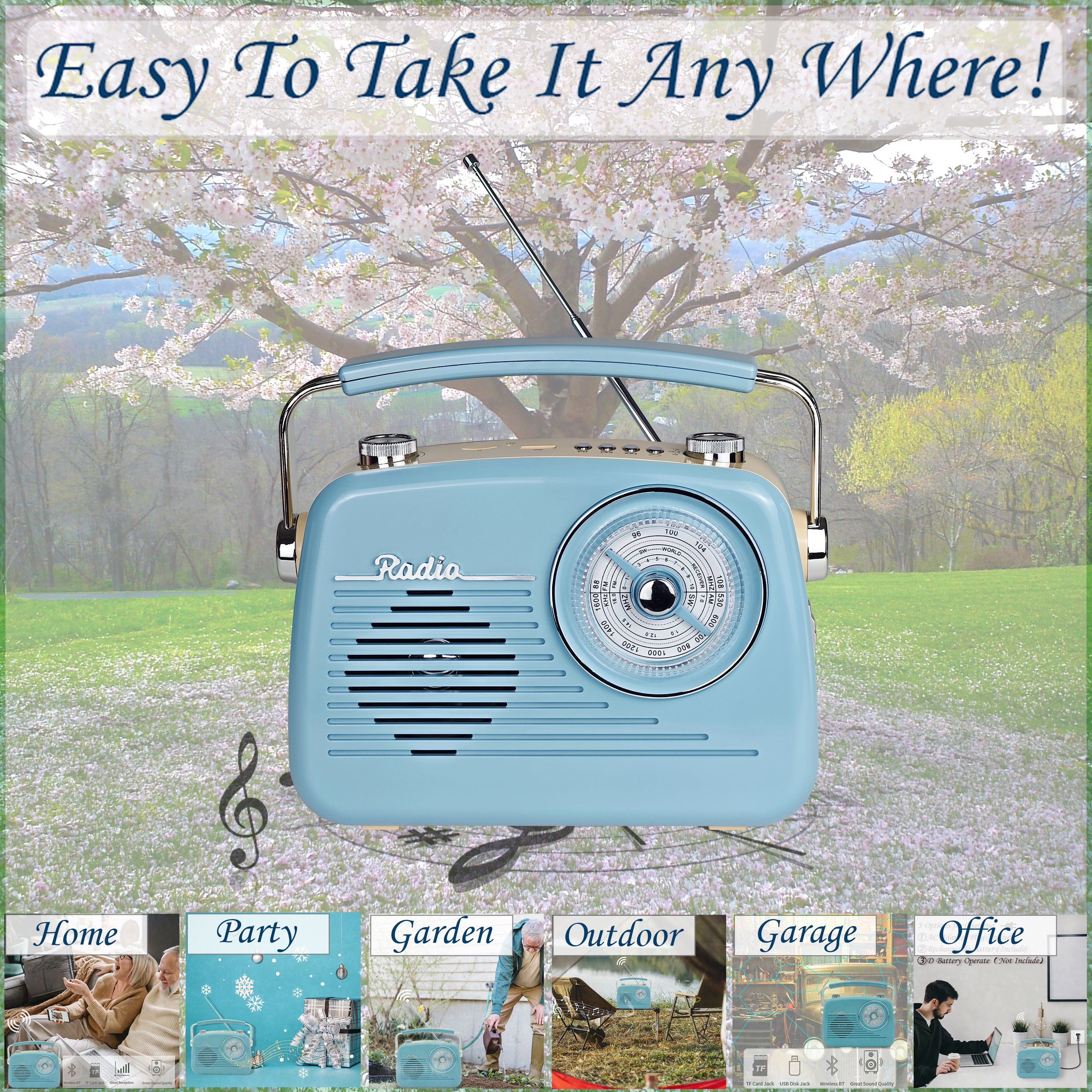 Portable AM FM Shortwave Vintage Radio Multifunctional Bluetooth Speaker 4 Power Options 5W Speaker TWS Stereo Plug-in Wall/Type-C Charging Emergency Radio for Home Outdoor Camping (Blue)