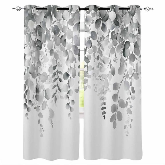 Fsddascl Eucalyptus Grey Blackout Curtains for Bedroom/Living Room, Thermal Insulated Kitchen Curtains, Farmhouse Leaves Summer Spring Leaf Grommet Darkening Window Treatment Drapes 52"x90"x2