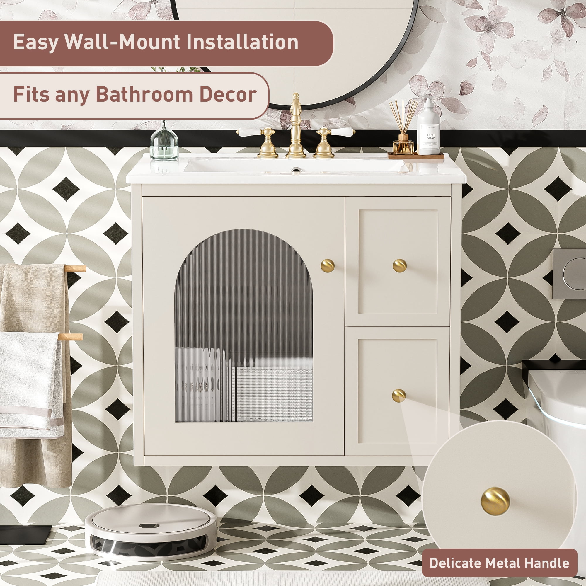 Euroco Wall-Mounted Bathroom Vanity with Ceramic Sink – Glass Door Cabinet, 2 Drawers, Overflow Drain, Easy Assembly & Modern Minimalist Design