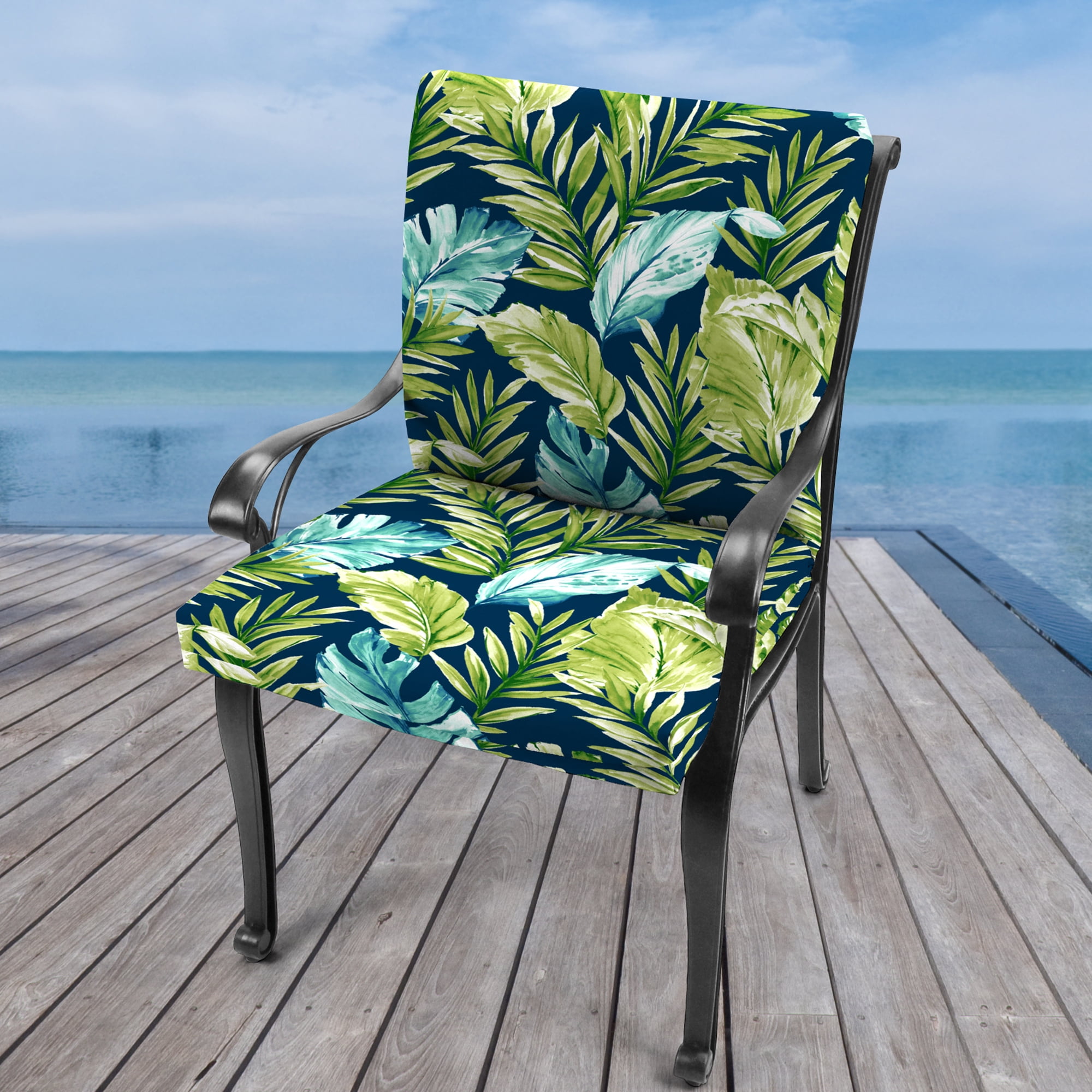 Jordan Manufacturing 44" x 21" Zealand Capri Multicolor Leaves Rectangular Outdoor Chair Cushion with Ties and Hanger Loop