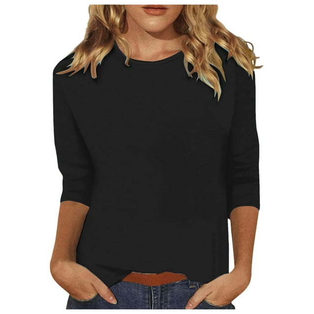 T-shirts à Manches 3/4 pour Femmes Décontractés Coupe Ample Col Ras du Cou T-Shirts Mignons Unis Tunique à Manches Trois Quarts Hauts à Manches Longues T-Shirts pour Femmes T-Shirts pour Femmes Grande Coupe Ample Haut Athlétique pour Femmes Hauts pour Femmes Court