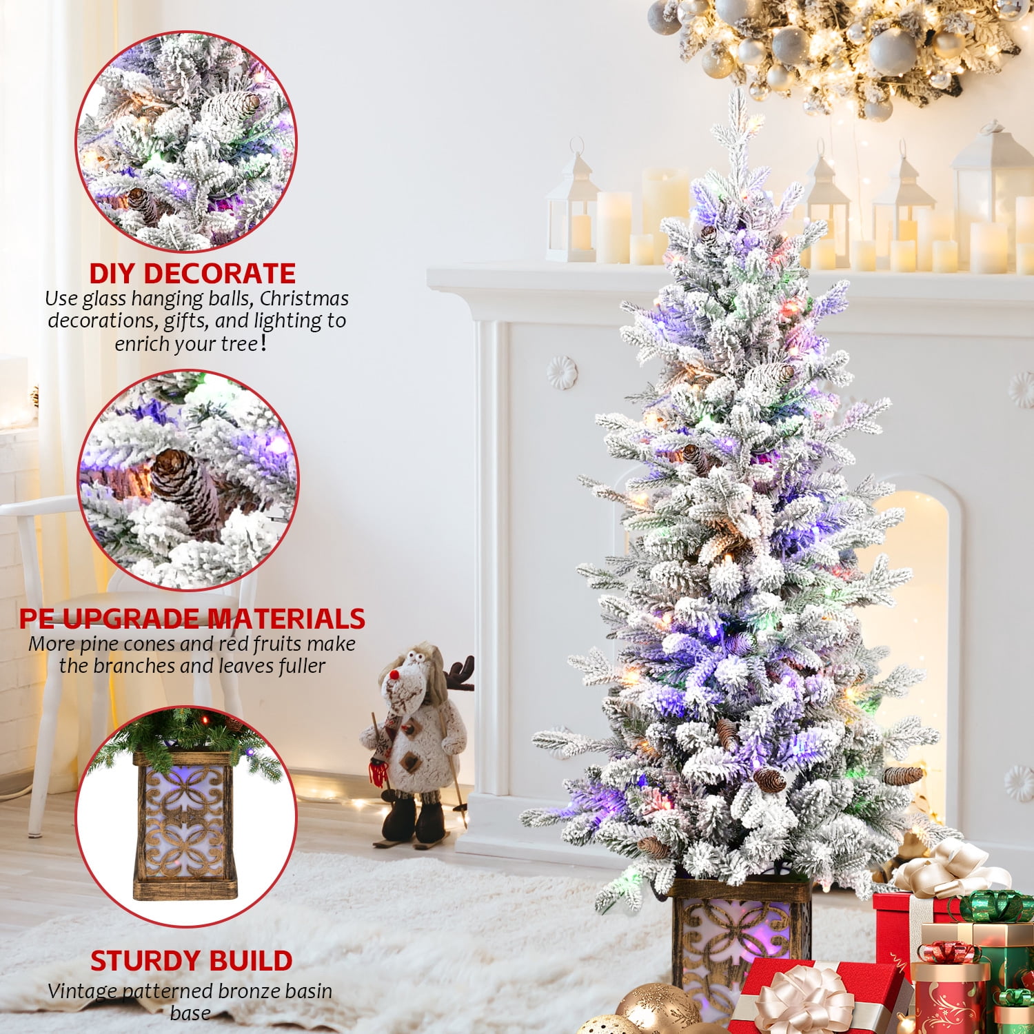 4 Ft Flocked Christmas Tree with Multicolour LED Lights, 396 Tips, Glitter Base, 100 Lights, PE/PVC Tips with Pine Cones, Light-Up Colorful Basin, Easy Assembly Holiday Decor