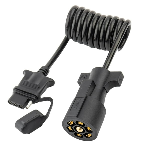 7-Way Blade to 4-Way Flat Trailer Adapter Coiled Harness 5 ft. Male 7-Pin to 4-Pin Trailer Extension Sheathed Cable, Heavy Duty 18AWG Copper 7 to 4-Wire Trailer Connector Plug 60 in.