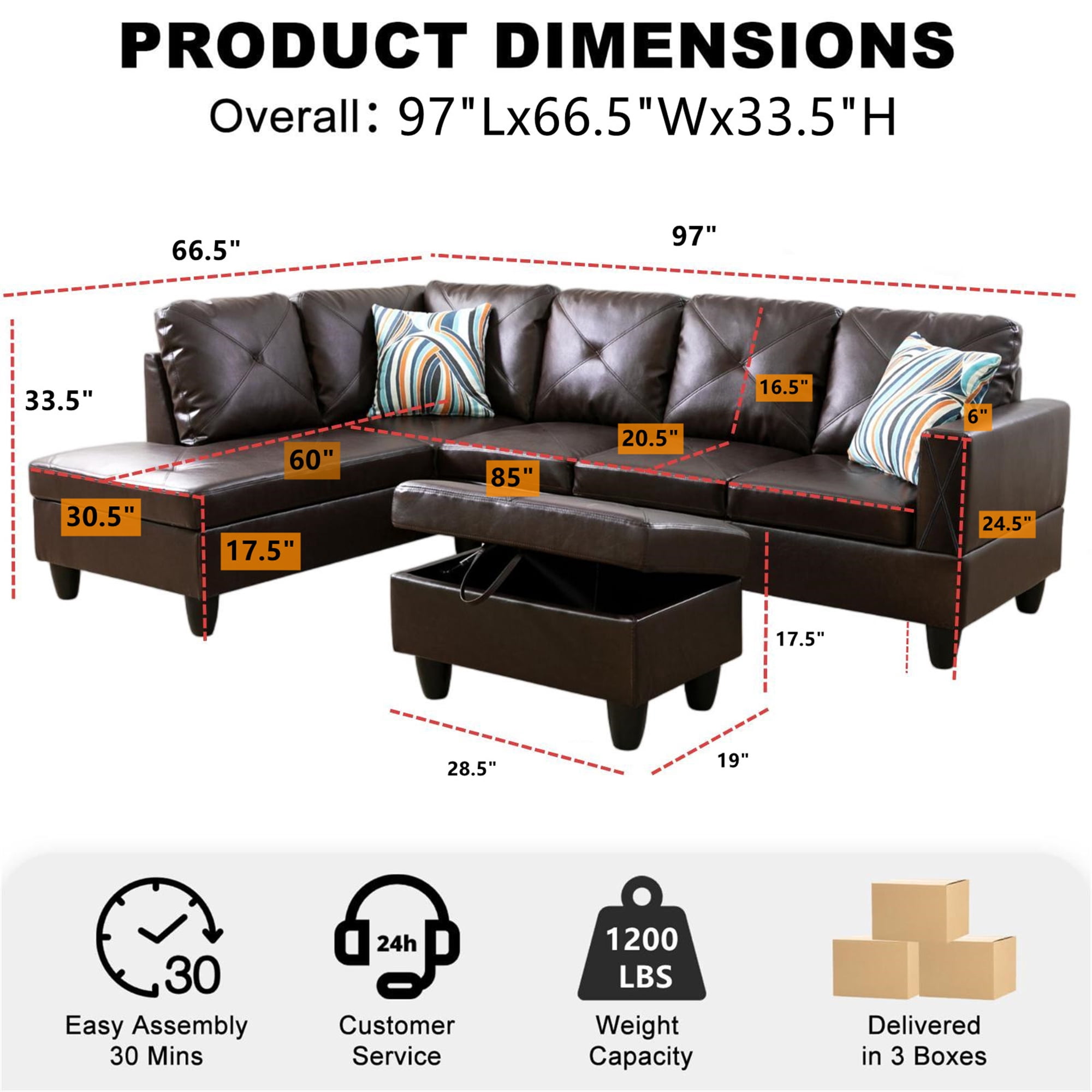 Aukfa 3 Piece Sofa Set L shape Sectional Couch with Storage Ottoman for Living Room, 2 Pillows, Faux Leather, Brown
