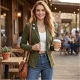thumbnail image 3 of Sorvello Women’s Short Faux Suede Jacket Tailored Fit Notch Lapel Button Closure Structured Coat Army Green L, 3 of 6
