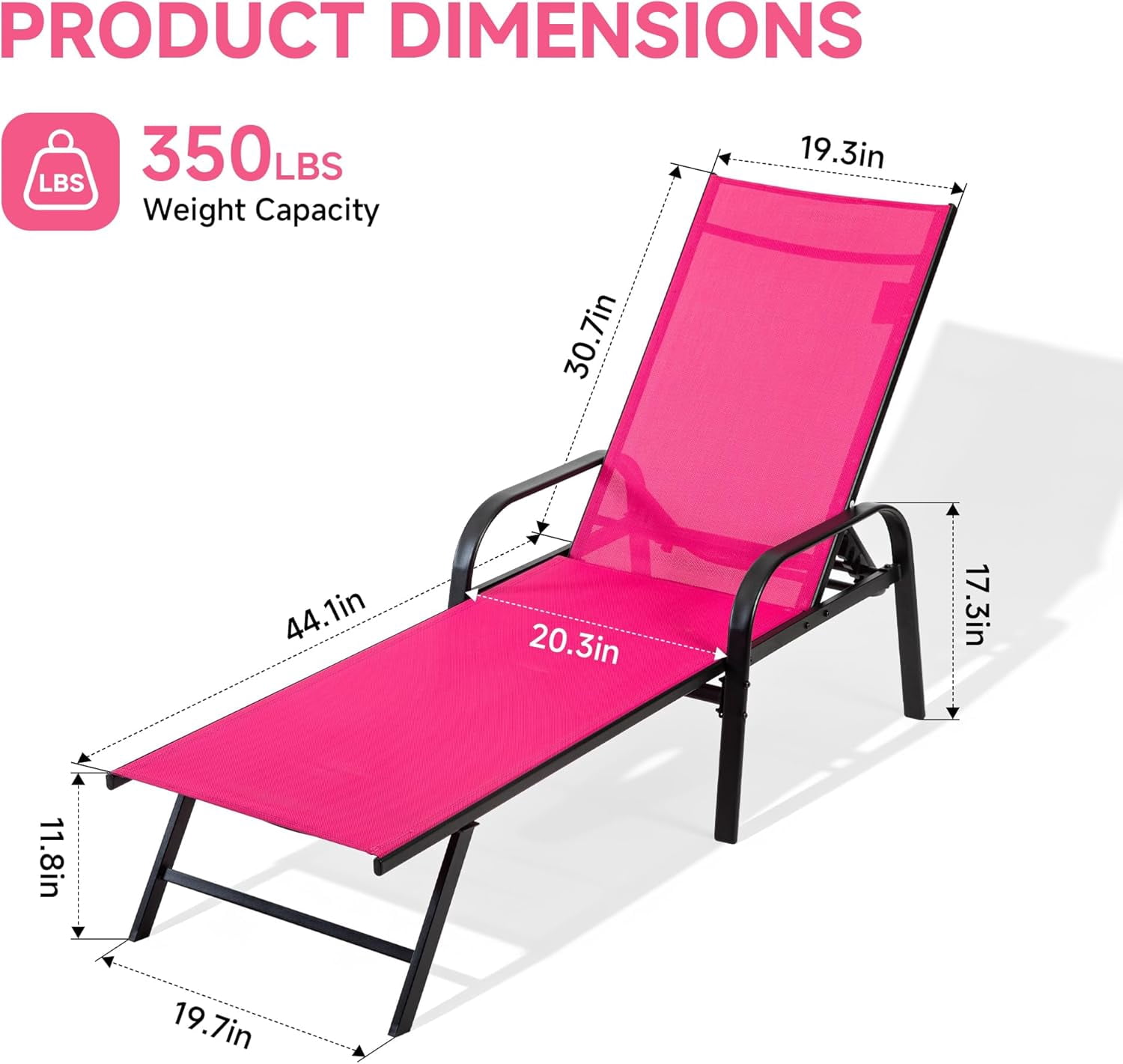 Simenmax Outdoor Folding Lounge Chair - Portable Recliner with Adjustable Backrest, 300lb Capacity, Stackable Design for Patio, Lawn, Beach - Dark Pink