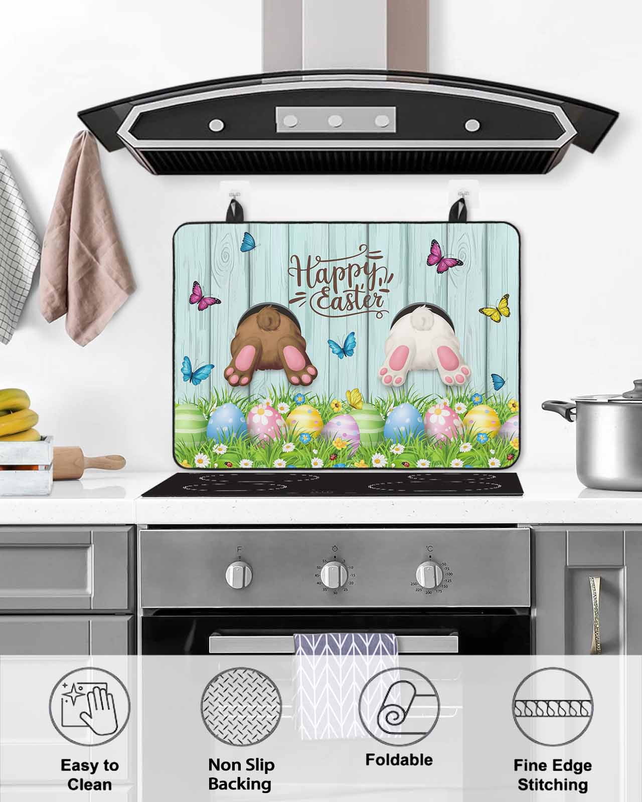 Large Induction Cooktop Protector Mat Easter Stove Top Covers for Electric Stove, Spring Easter Eggs Bunny Farmhouse Wooden Grain Decorative Stove Burner Cover Mats, Glass Top Stove Cover