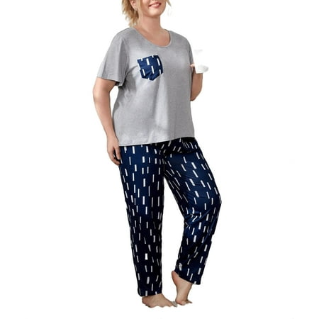 

Print Round Neck Pant Sets Short Sleeve Multicolor Plus Pajama Sets (Women s)
