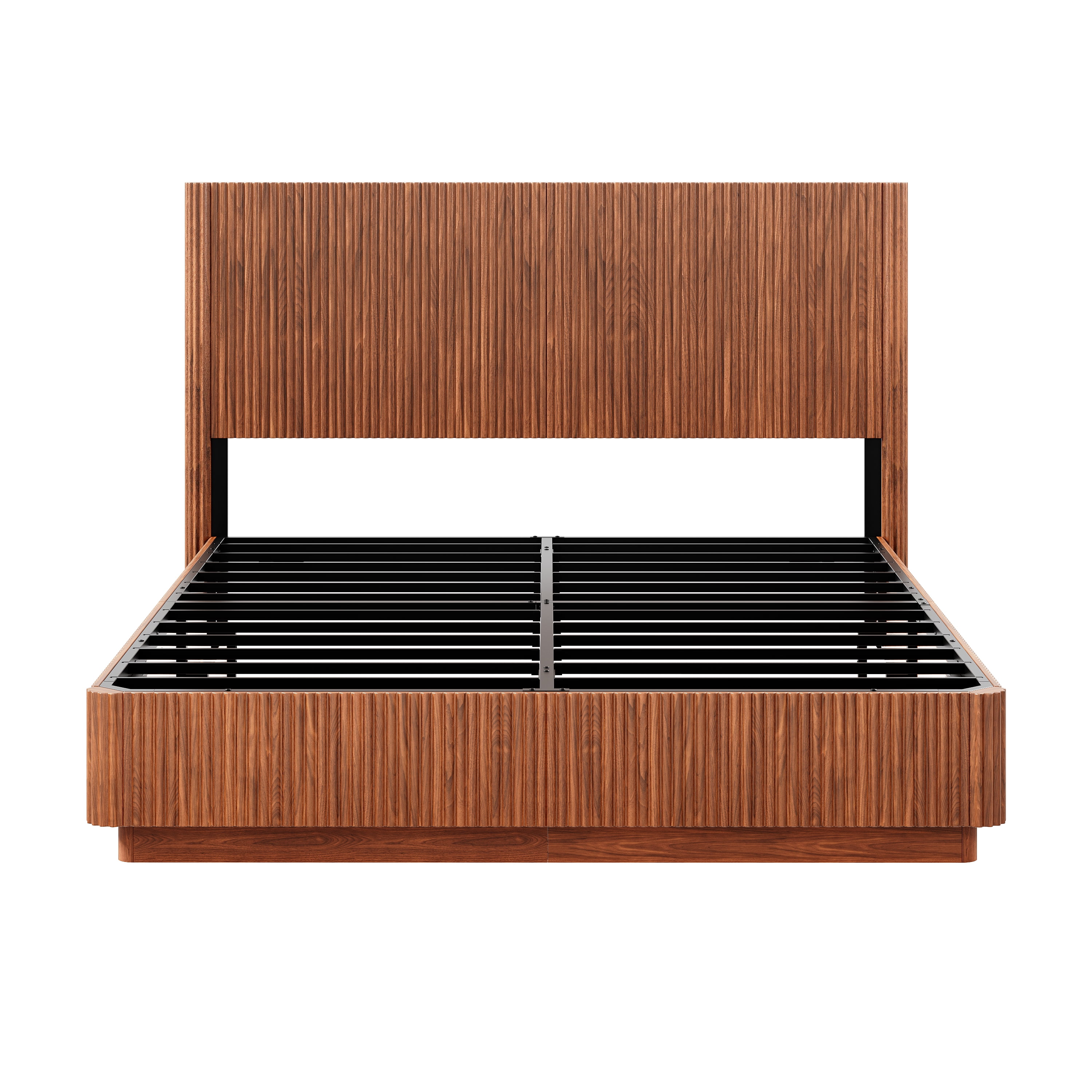 Queen Size Bed Frame with Built-In Nightlight System, Modern Wooden Corrugated Curved Lines Platform Bed, No Box Spring Needed, Adjustable Lighting, Walnut