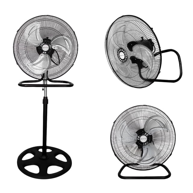 Ventilador 3 en 1 de Pedestal, Piso y Pared, de 18 Pulgadas, Aspas de Metal con 3 Velocidades y Perilla Ajustable de Altura, Base Redonda en Color Negro.