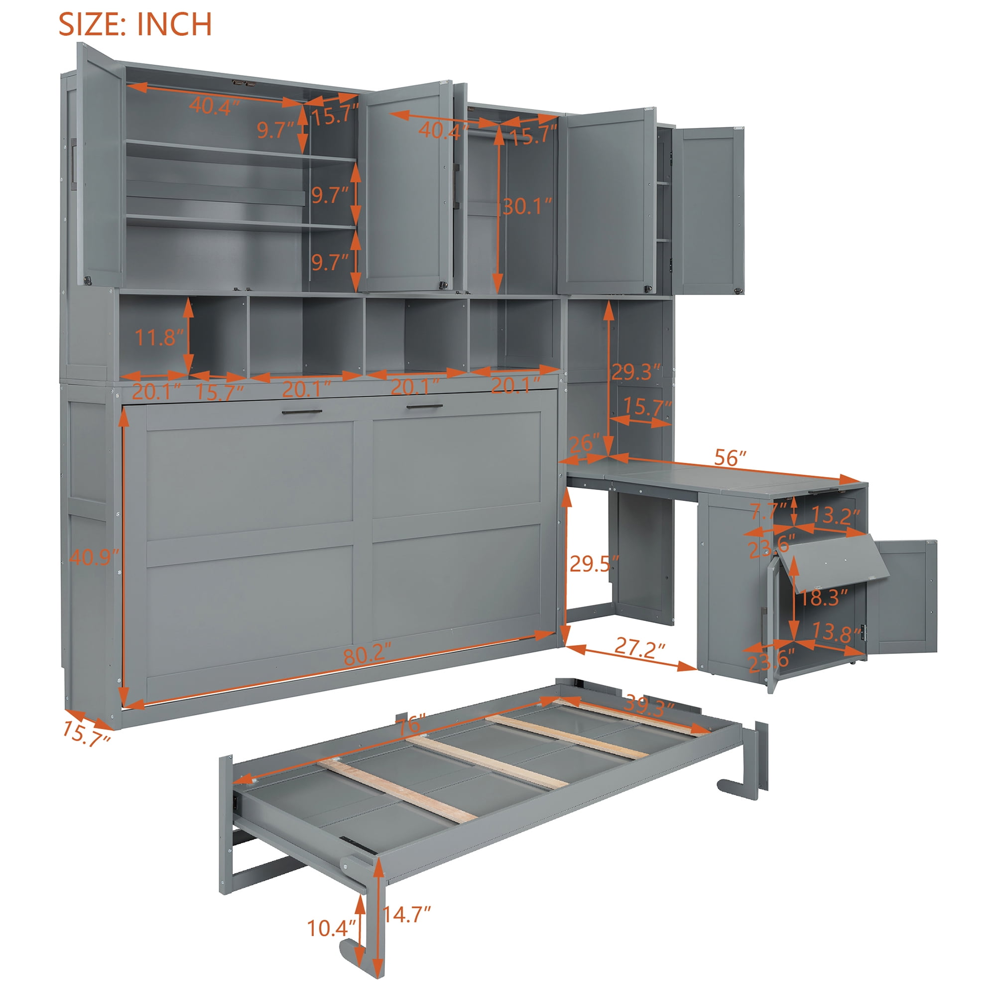 Twin Size Murphy Bed with Closet, Writing Desk, Storage Shelves for Space-Saving Guest Room