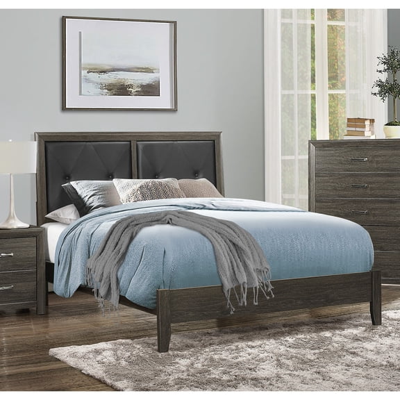 Newboti Furniture Contemporary Design Dark Gray Finish Full Bed Button-Tufted Faux Leather Upholstered Headboard Wooden Bedroom Furniture NO.87516