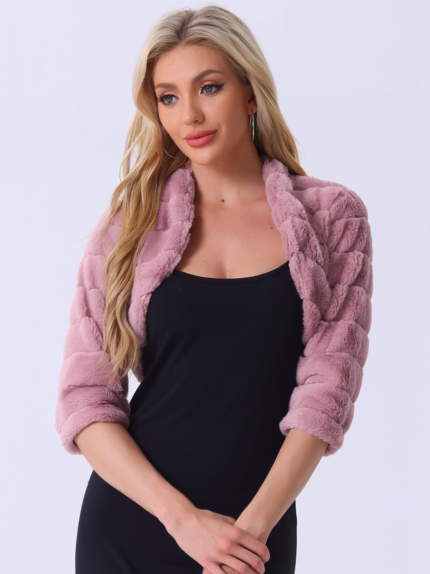 DARING DIVA Cropped Jacket  Open Front Bolero Faux Fur Shrug M Pink