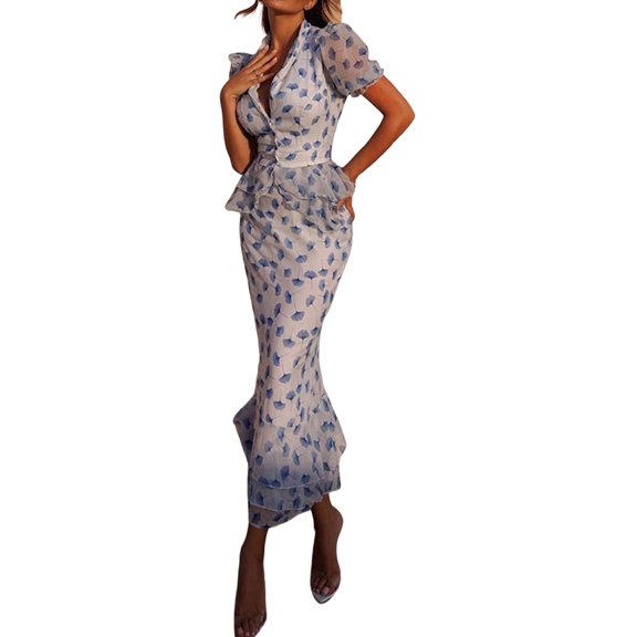 Women's Two Piece Skirt Set Casual Short Sleeve Top Midi Skirt Blue S