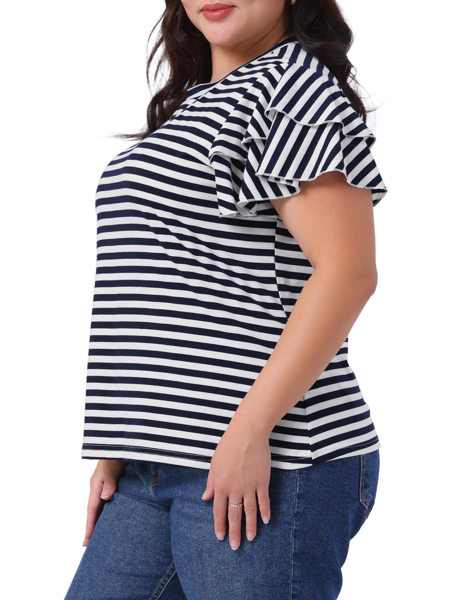DARING DIVA Women's Plus Round Neck Striped Ruffle Blouse 2X Navy Blue