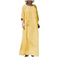 thumbnail image 3 of Jinhomg Women Casual Long Sleeve Maxi Dress Lightweight Cotton Linen Beach Loose Fit Comfy Crewneck Midi Dress 2025 Spring Dresses with Pocket Yellow XXXXL, 3 of 7