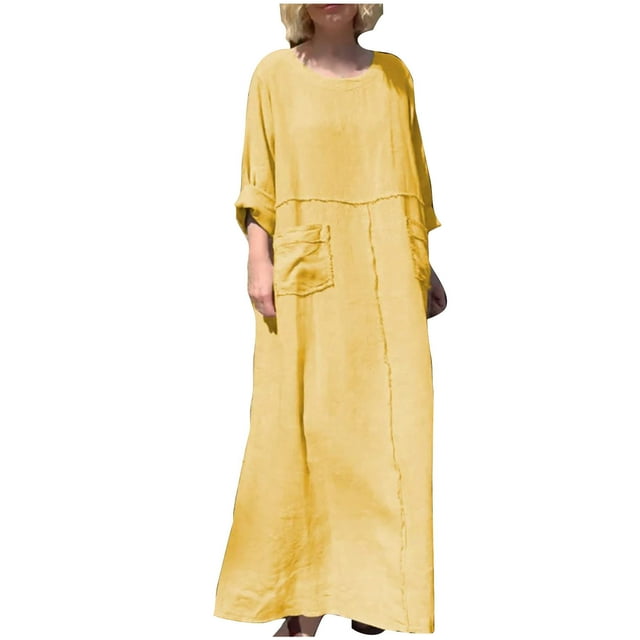 VOAVEKE Robes Grande Taille, Robe Décontractée à Manches Longues pour Femmes, Col Rond, Unie et en Lin, Jaune TG