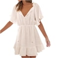 thumbnail image 1 of Robes d'Été pour Femmes à Volants, à Nouer au Cou, Boutonnées, Mini Évasées, Robe Trapèze, Manches Courtes, Dentelle Crochet, Robe Courte de Plage, 1 of 7