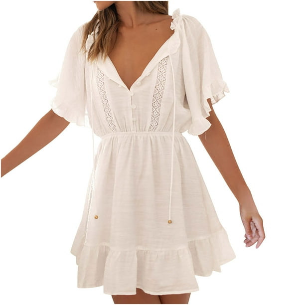 Women's Lace Short Sleeve Lace Stitching Large Peplum Dress Short Sleeve  V-neck Dress - Walmart Business Supplies