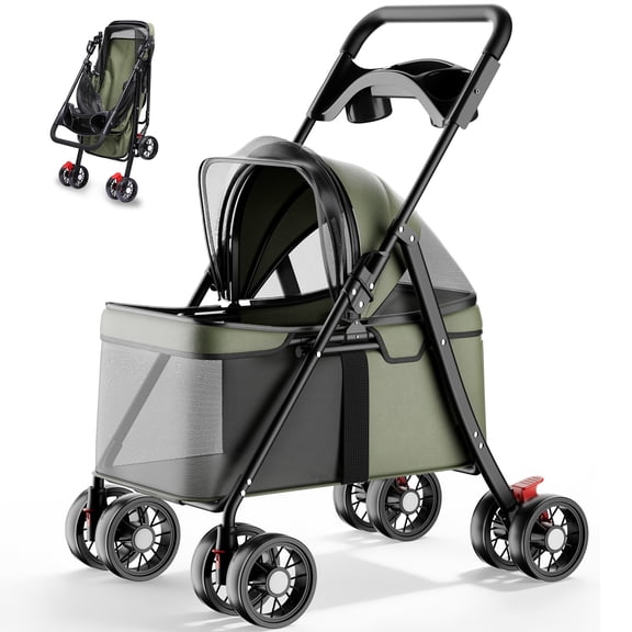 CLOUDREST PRO Pet Stroller for Small Dogs & Cats, Foldable Pet Stroller with Breathable Mesh, Swivel Wheels, Rear Brakes, 33 lbs Max Load, Olive Green