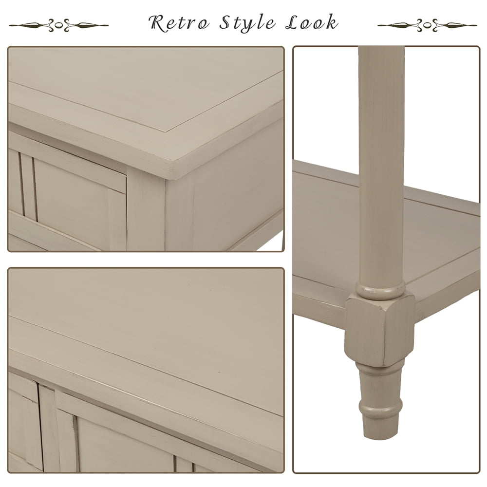 Kepooman Acacia Console Table with Bottom Shelf and 2 Drawers, Traditional Sofa Side Table for Living Room Bedroom, Retro Grey Kepooman Acacia Console Table with Bottom Shelf and 2 Drawers, Traditional Sofa Side Table for Living Room Bedroom, Retro Grey