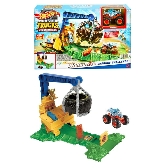 Hot Wheels Monster Trucks Rhinomite Chargin’ Challenge Playset with 1 Toy Truck & 2 Crushed Cars