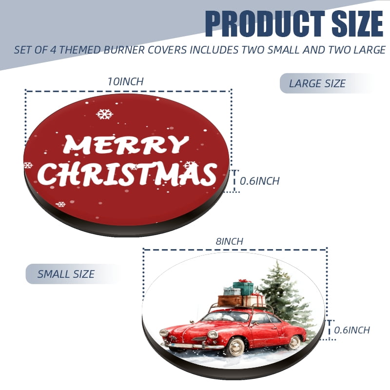 4 Pcs Christmas Gas Stove Burner Cap Set, Hello Winter Christmas Red Truck Durable Round Gas Stove Burner Covers Set of 4 for Kitchen Xmas Decor, 8 Inches and 10 Inches