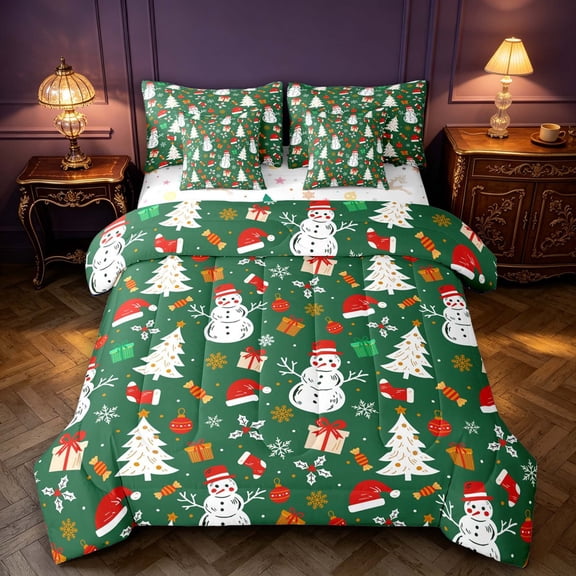 Manfei Festive Snowman 7-Piece Twin Bedding,Traditional Christmas Tree Santa Hat Bedding Comforter Set,Christmas Reversible
