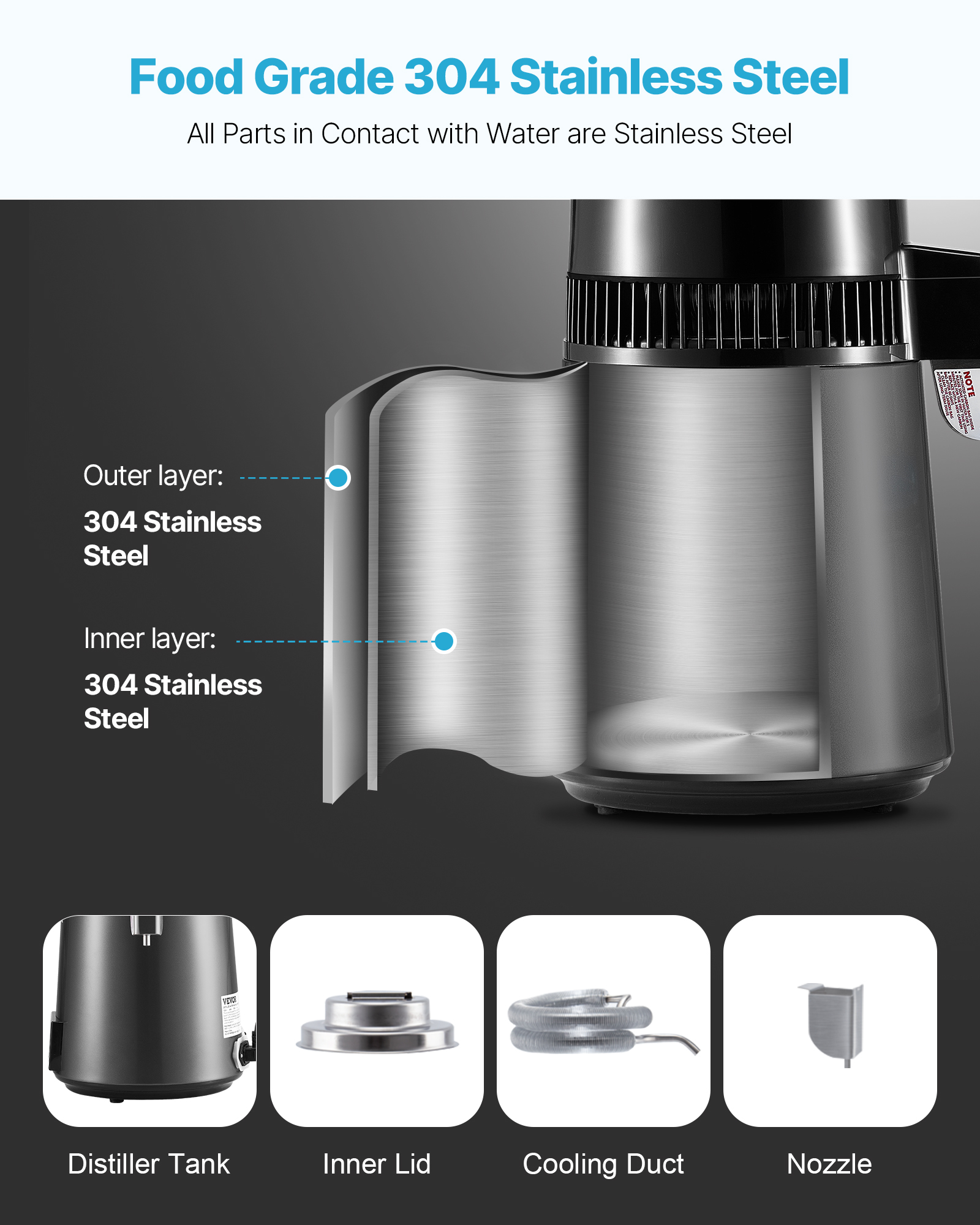 VEVOR Water Distiller, 4L 1.1 Gallon Pure Water Purifier Filter For Home Table Countertop, 750W Distilled Maker with Glass Pot, Stainless Steel Interior Drinking Machine to Make Clean Waters, Grey