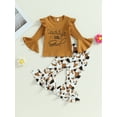 thumbnail image 2 of Toddler Girl Fall Clothes Letter Print Long Sleeve Crewneck Ribbed Tops Flare Pants Set 2Pcs Outfit, 2 of 7