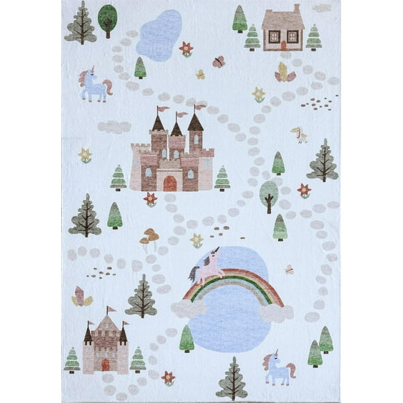 Rug Branch Soft Steps Playtime Unicorns, Castle, Road Map, Educational Soft Area Rug, White Blue - Boys & Girls in Playroom, Nursery, Bedroom<br>