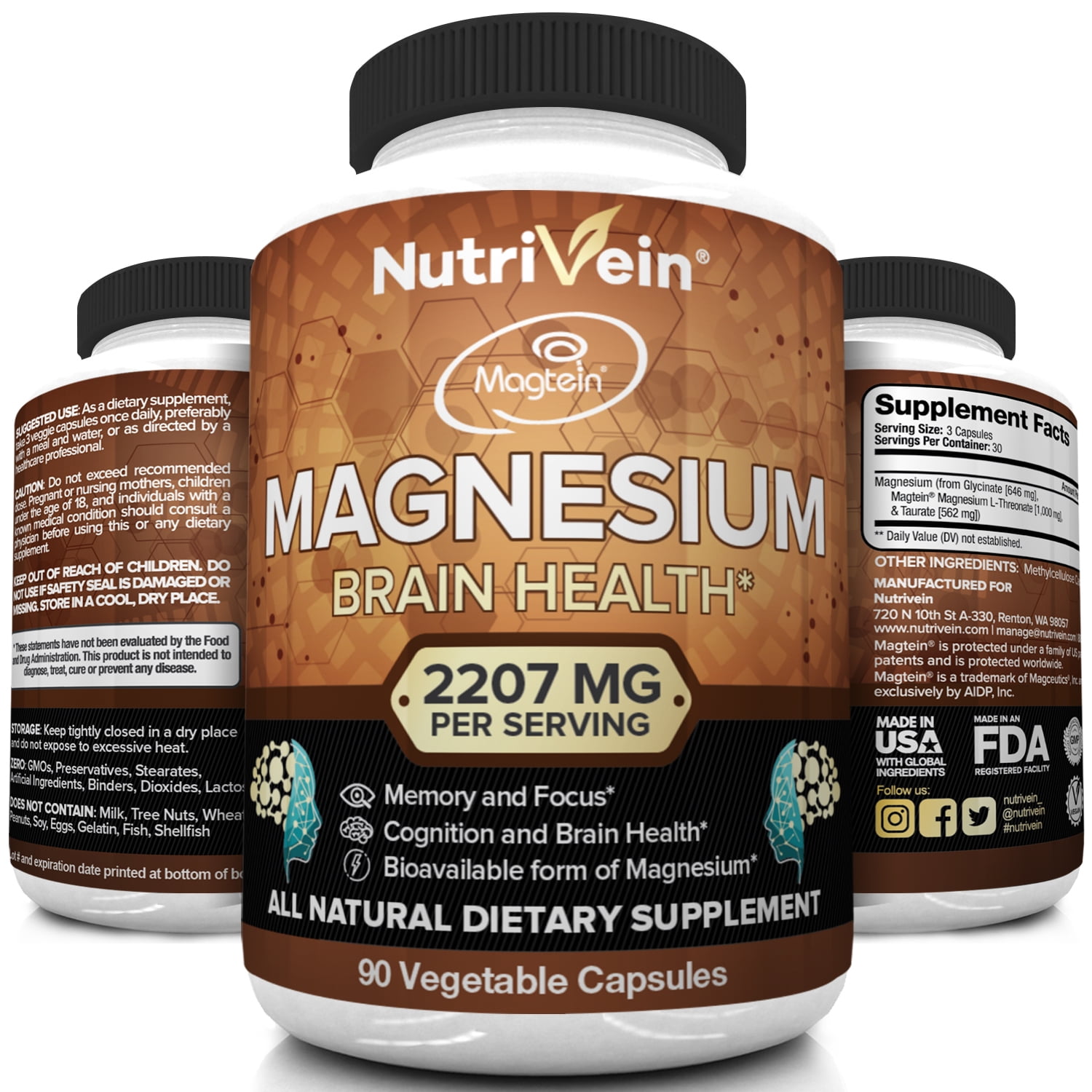 Nutrivein Magnesium LThreonate (MgT) 90 Capsules Boosts Brain
