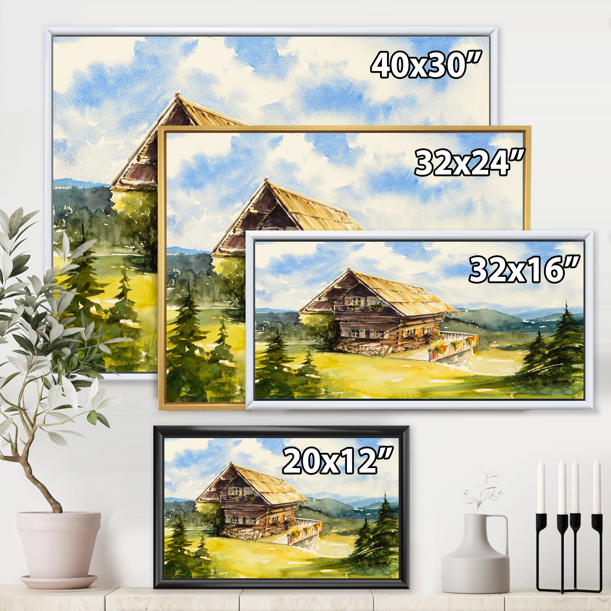 Designart 'Old Cottage At Summer With Peaceful Landscape' Traditional Framed Canvas Wall Art Print