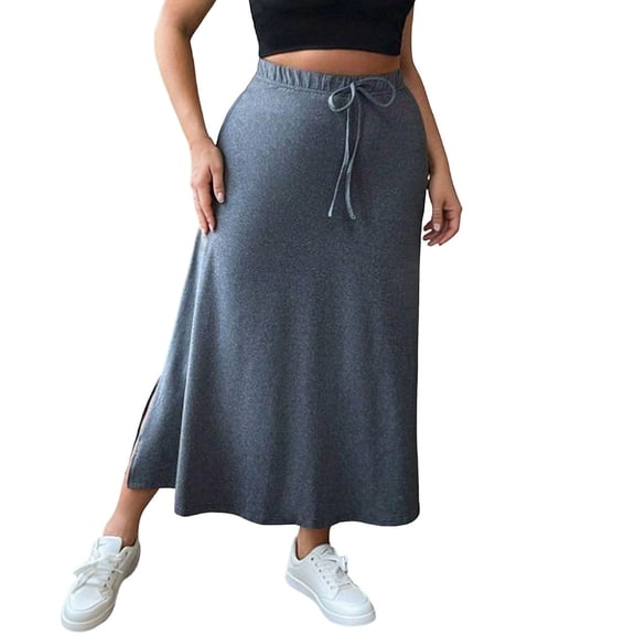 Hurxie Women's Casual High Waist Elastic Drawstring Stretch Sweat Slit Midi Skirt with Pocket Dark Gray,4XL