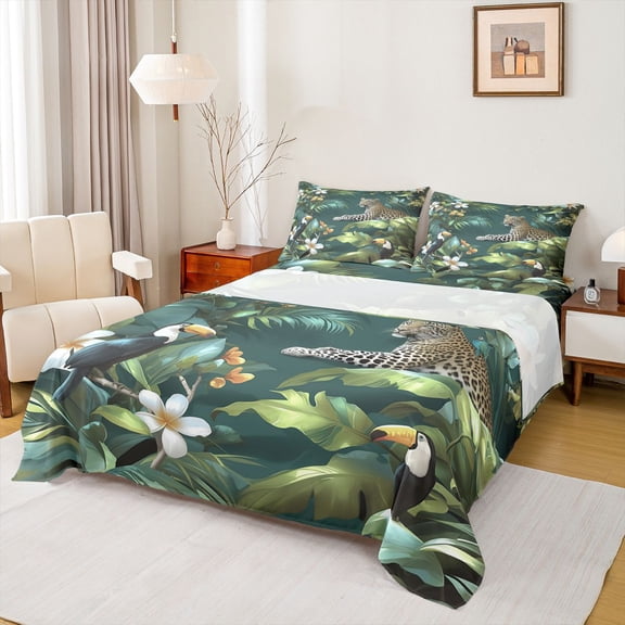 Feelyou 3D Wildlife Cheetah Full Size Sheets for Teens, Woodland Animal Leopard Bed Sheets, Plant Botanical Sheet Sets, Lightweight Room Decor, 4-Piece