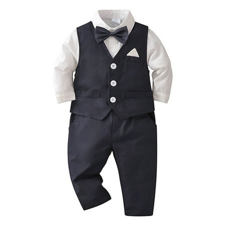 

Boys 3-piece Formal Suit Set Vest Pants Collared Dress Shirt Boys Gentleman Outfits Suit Set with Detachable Bow Tie Dark Blue 4-5 Years