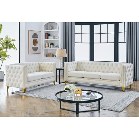 FFZ 3+2 Combination Sofa with Velvet Upholstery and Metal Legs, Beige