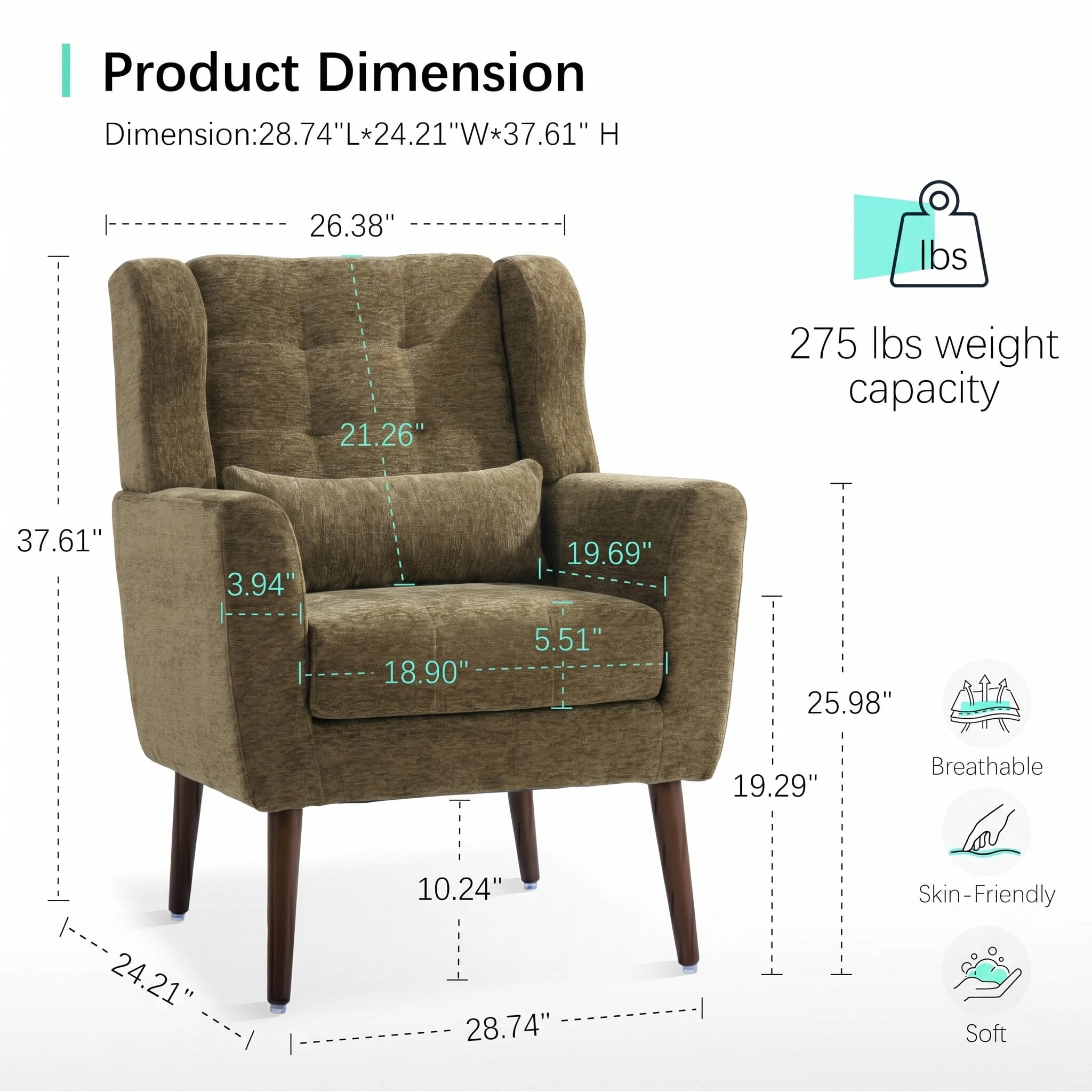 AISWORD Modern Accent Chair, Upholstered Armchair with Pillow, Fabric Single Sofa Chair with Lounge Seat and Wood Legs Accent Chair for Living Room Bedroom Small Spaces, Olive Green
