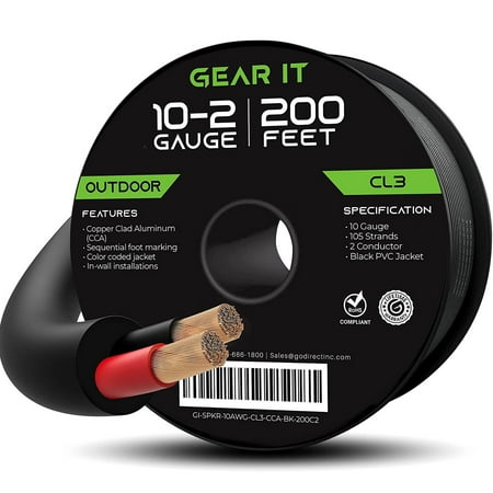 GEARit 10/2 Gauge Outdoor Speaker Wire 2 Conductor, CCA Direct Burial in Wall Audio Cable Cl2 Cl3 Rated 200 Ft, Black