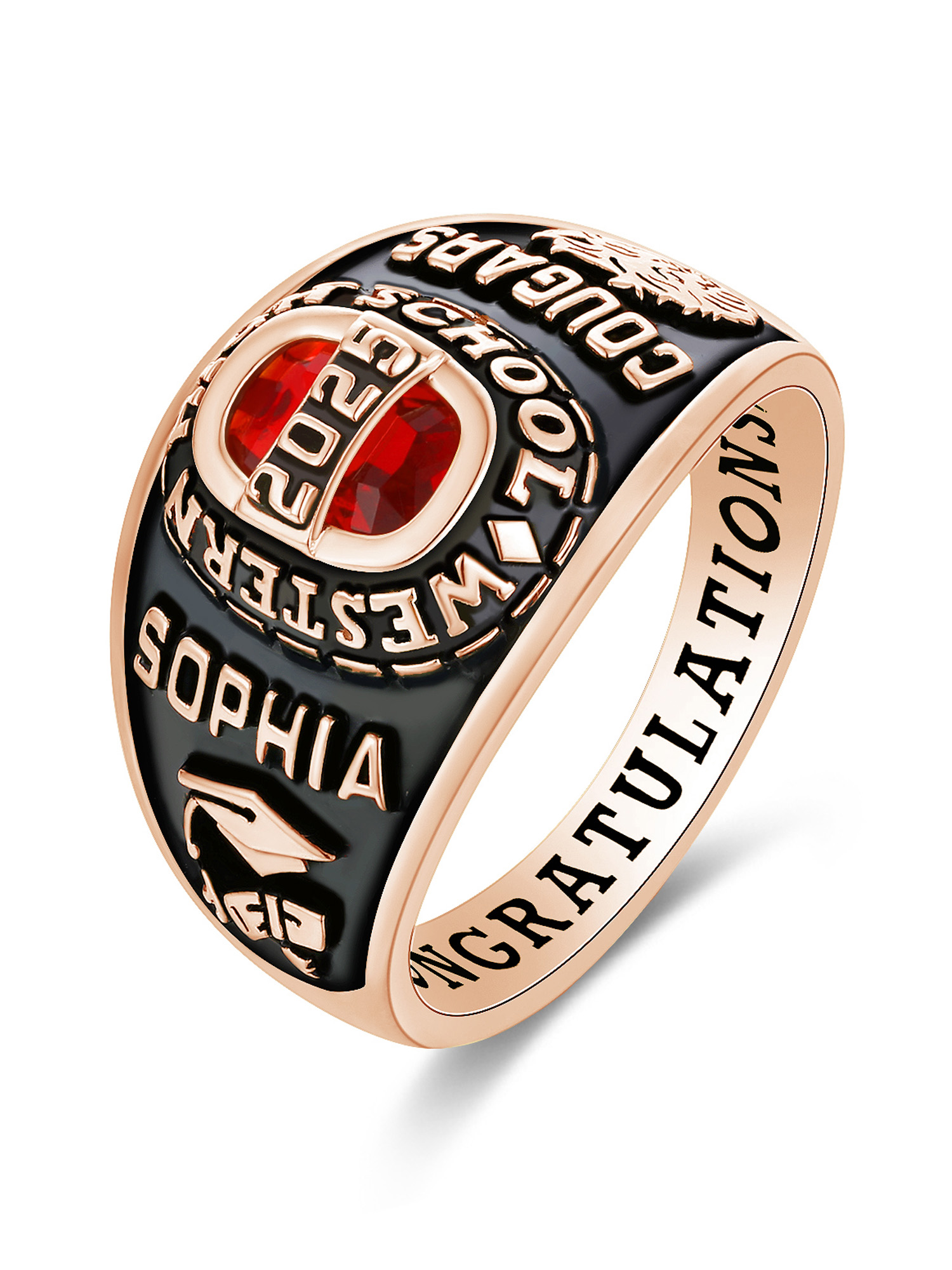 Mementos USA Custom Sterling Silver Class Rings for Women High School and College-Rose Gold-Royal