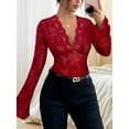 thumbnail image 4 of Women'S Floral Embroidery Mesh Lace Round Neck Long Sleeve Top Red S, 4 of 7