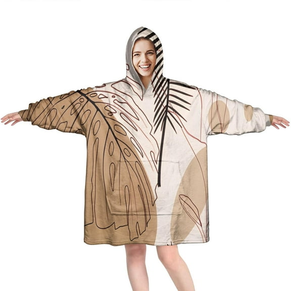 Wearable Oversized Blanket,Brown Boho Plant Pattern Wearable Blanket Hoodie for Adults,Cozy Hooded Blankets with Super Pockets,Super Warm Fuzzy Pullover for Women & Men