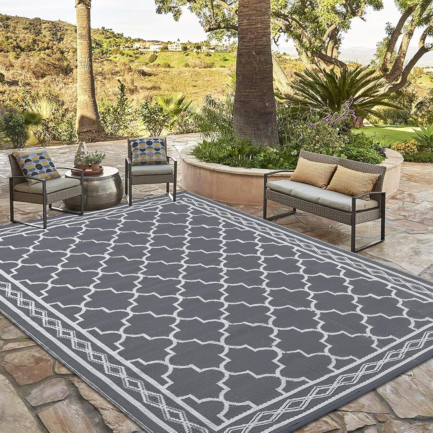 Memoryfield Outdoor Rug 10x14ft for Patios, Plastic Straw Rug Outside Carpet Mats for Picnic, Backyard, Deck, Balcony, Porch, Beach, Gray & White