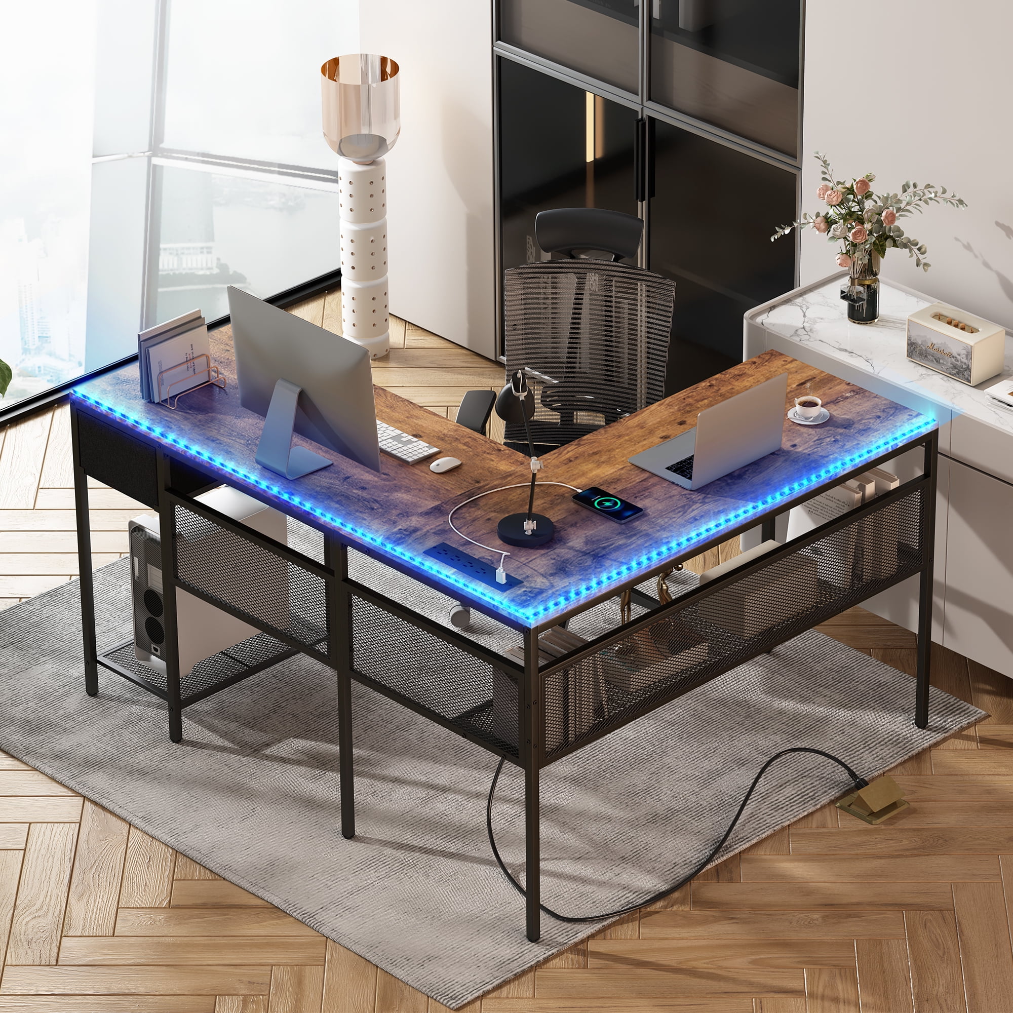 SUPERJARE L Shaped Desk with LED Lights & Power Outlets, Reversible