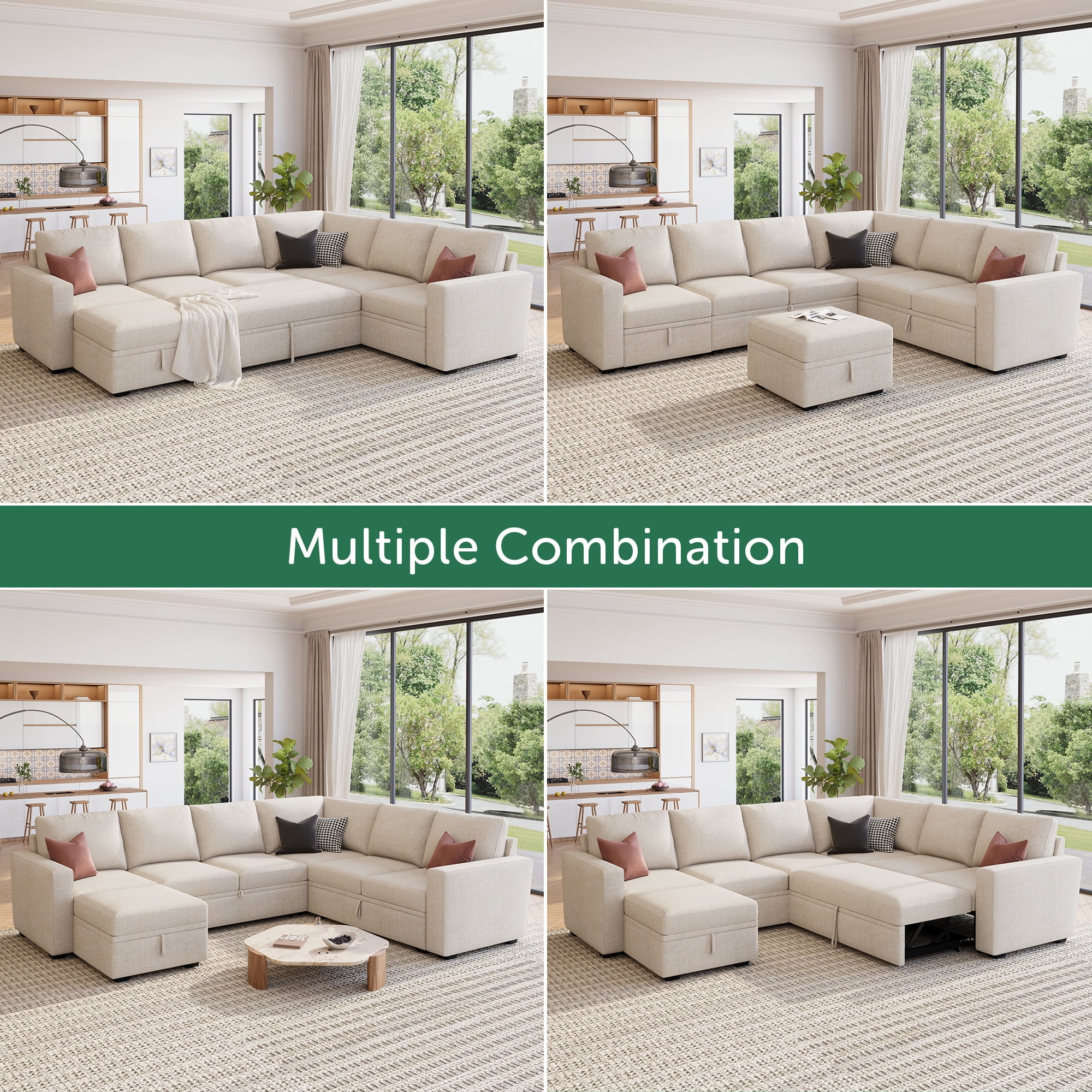 HONBAY 79" Reversible 3 Seat Beige Compact L Shaped Sectional Sleeper Sofa with Pull Out Bed and Storage, Breathable Linen